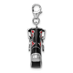 Amore La Vita Sterling Silver Rhodium-plated Polished 3-D Black Red Enameled Cowboy Boot Charm with Fancy Lobster Clasp