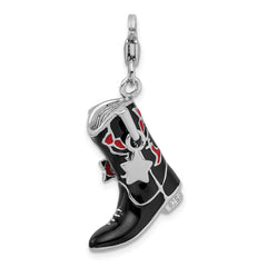 Amore La Vita Sterling Silver Rhodium-plated Polished 3-D Black Red Enameled Cowboy Boot Charm with Fancy Lobster Clasp