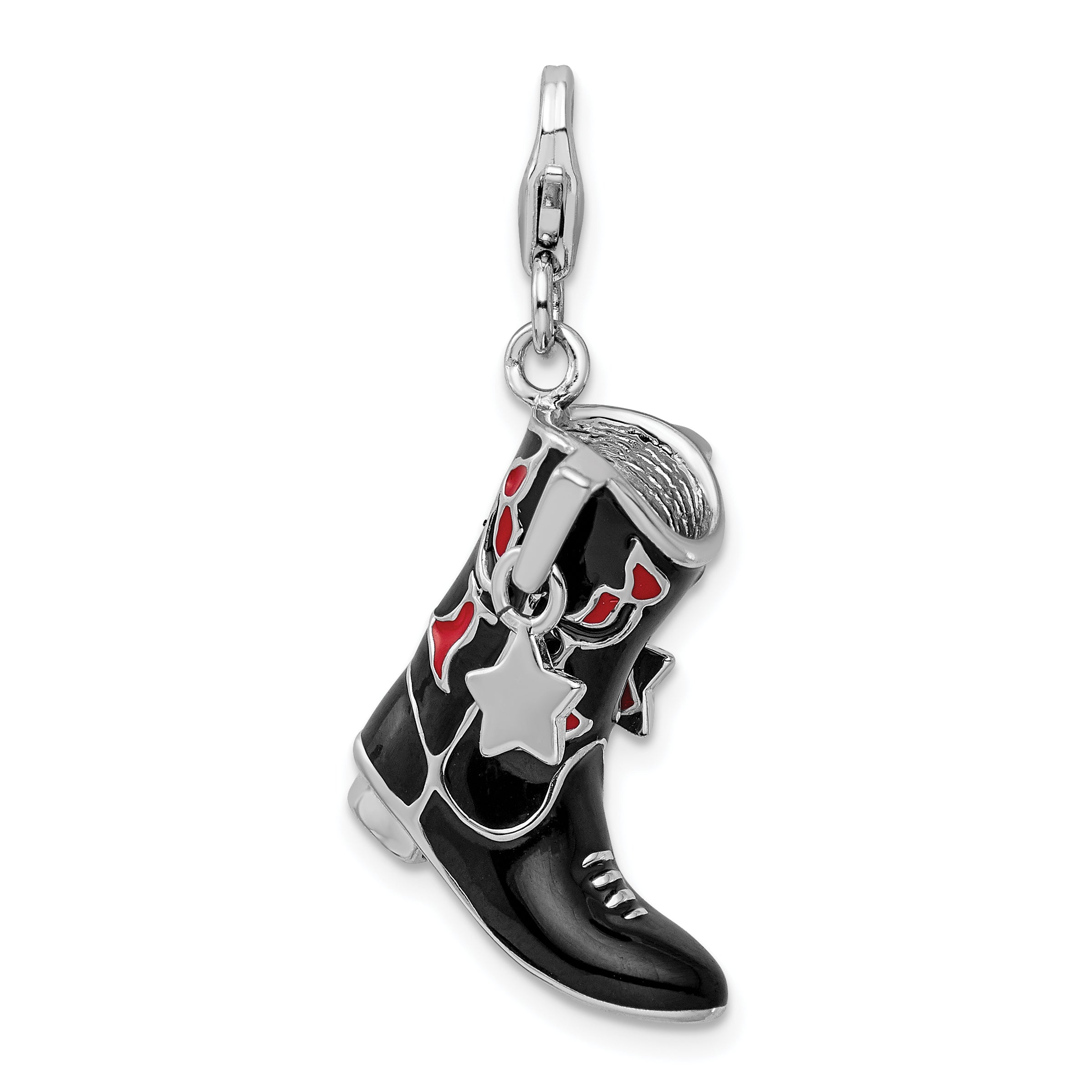 Amore La Vita Sterling Silver Rhodium-plated Polished 3-D Black Red Enameled Cowboy Boot Charm with Fancy Lobster Clasp