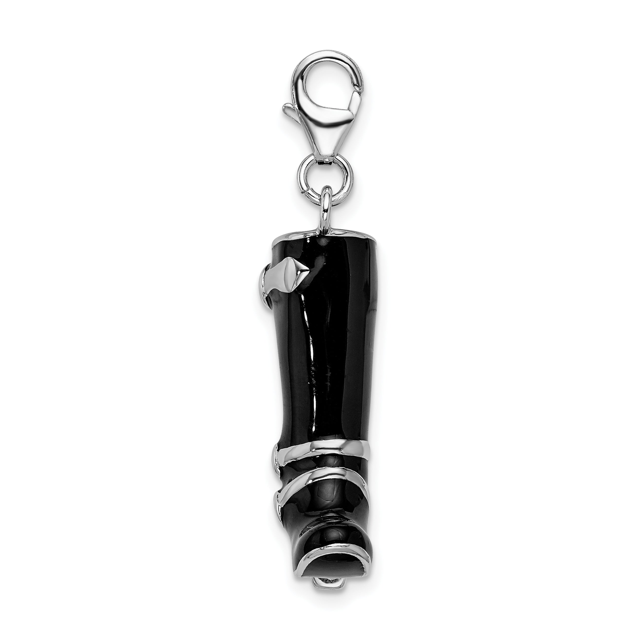 Amore La Vita Sterling Silver Rhodium-plated Polished 3-D Enameled Buckled Black Boot Charm with Fancy Lobster Clasp