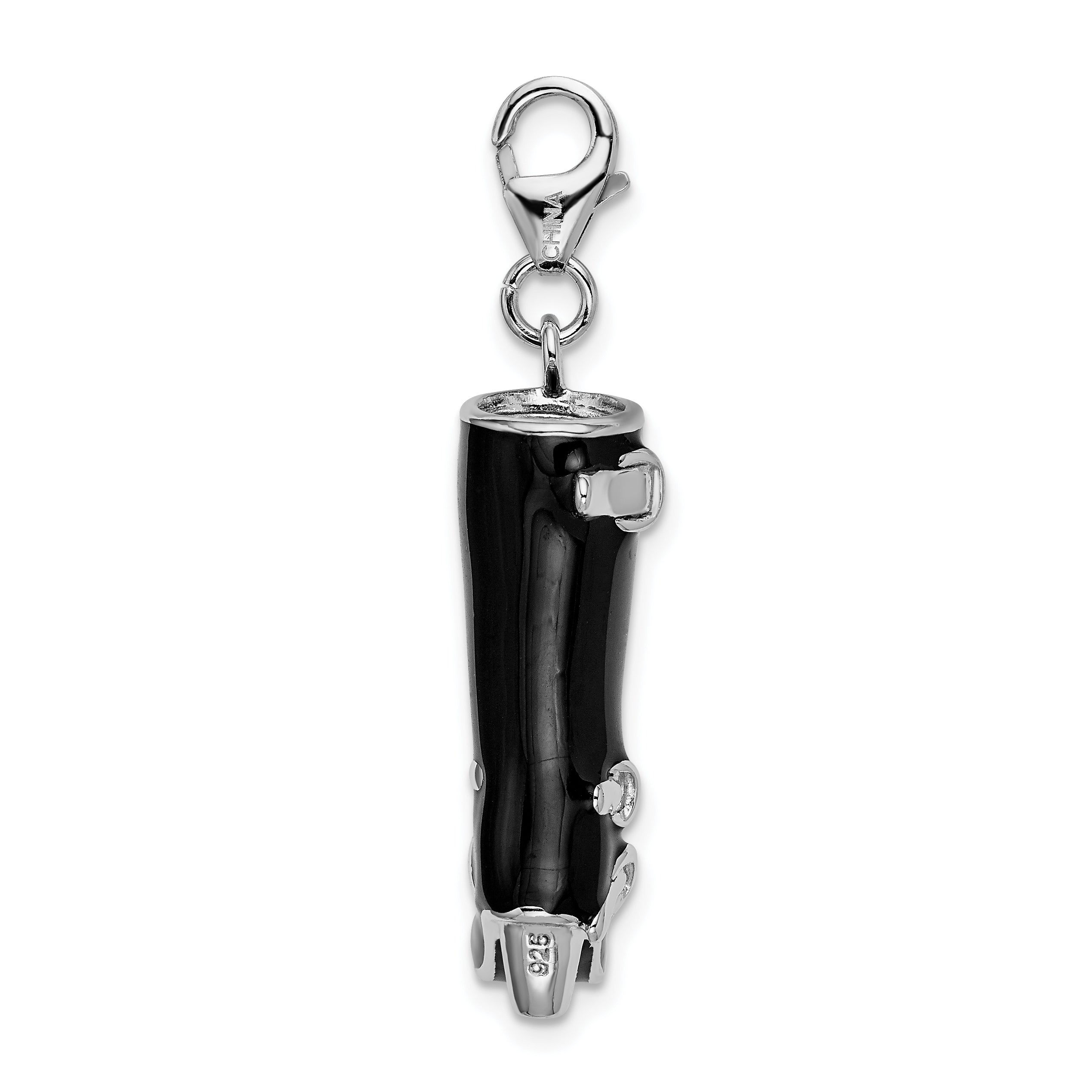 Amore La Vita Sterling Silver Rhodium-plated Polished 3-D Enameled Buckled Black Boot Charm with Fancy Lobster Clasp