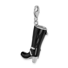 Amore La Vita Sterling Silver Rhodium-plated Polished 3-D Enameled Buckled Black Boot Charm with Fancy Lobster Clasp