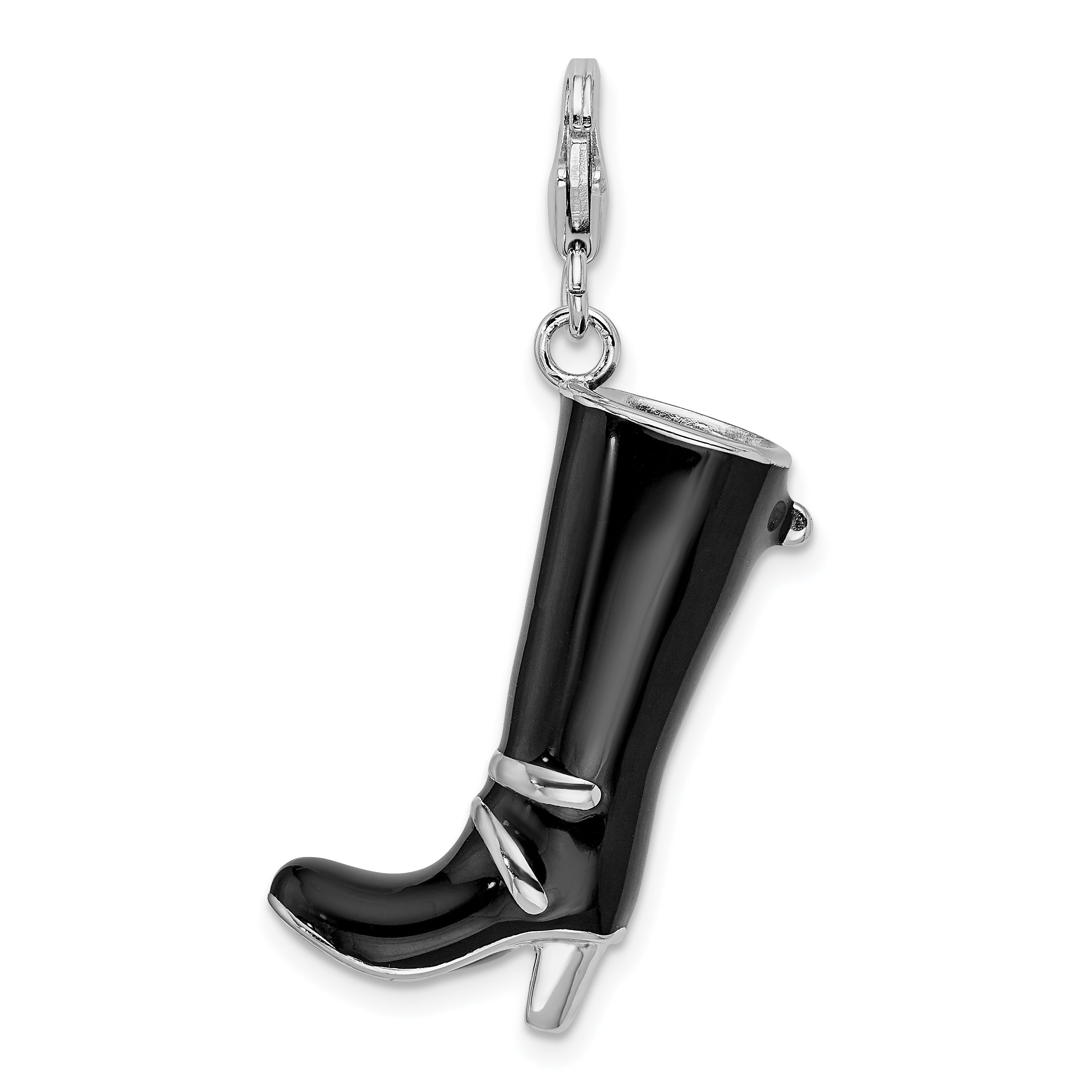 Amore La Vita Sterling Silver Rhodium-plated Polished 3-D Enameled Buckled Black Boot Charm with Fancy Lobster Clasp