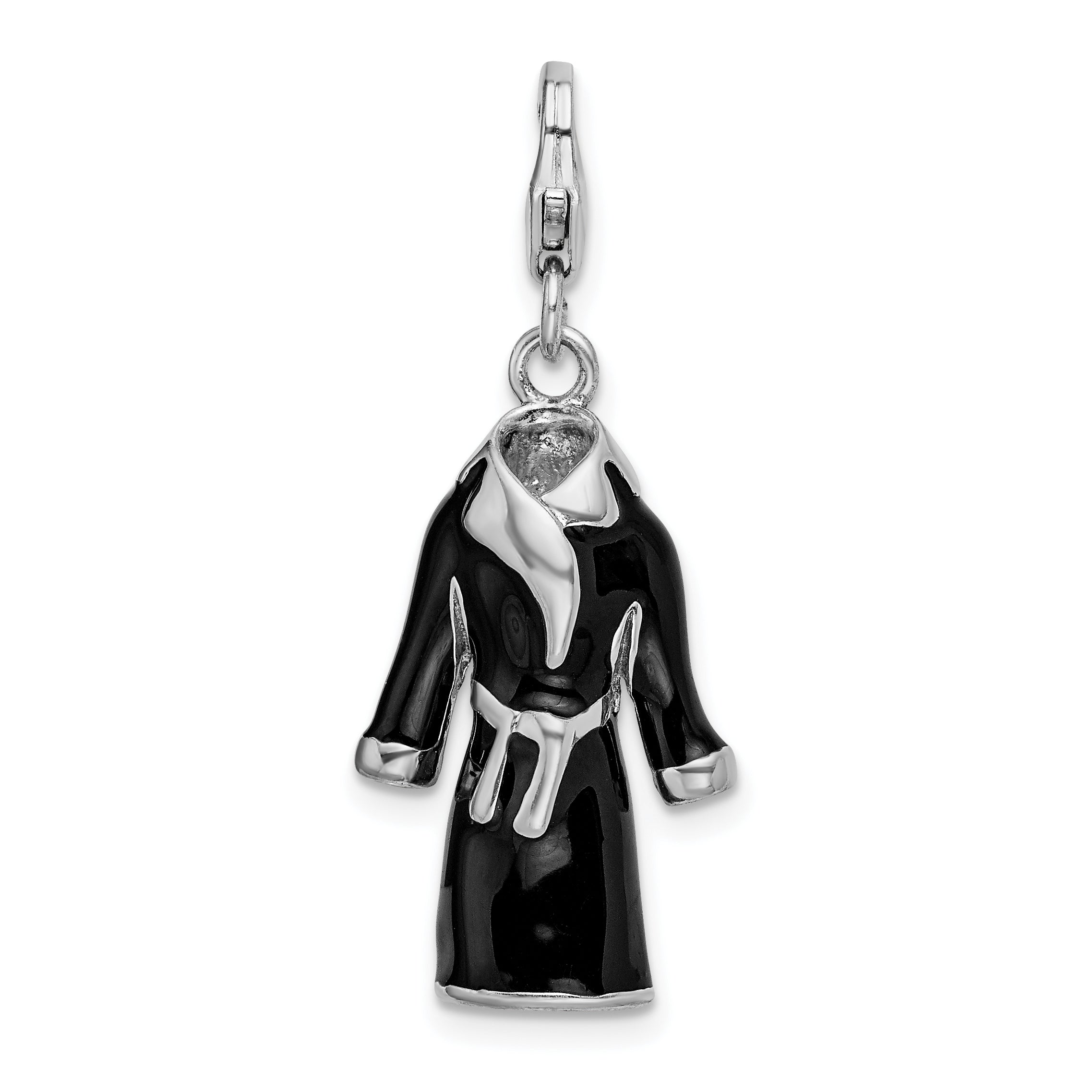 Amore La Vita Sterling Silver Rhodium-plated Polished 3-D Black Enameled Robe Charm with Fancy Lobster Clasp