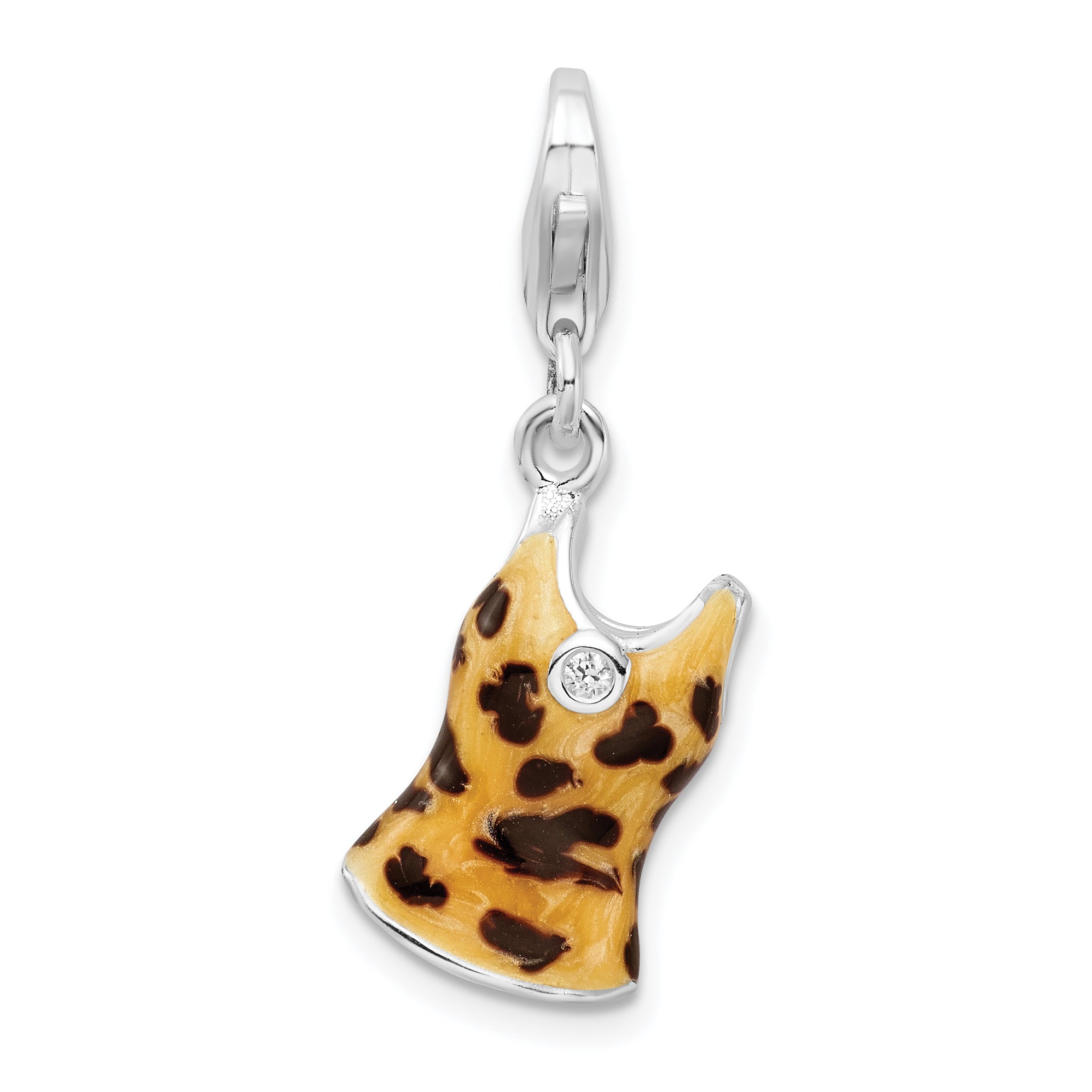 Amore La Vita Sterling Silver Rhodium-plated Polished 3-D CZ Black Yellow Enameled Tank Top Charm with Fancy Lobster Clasp