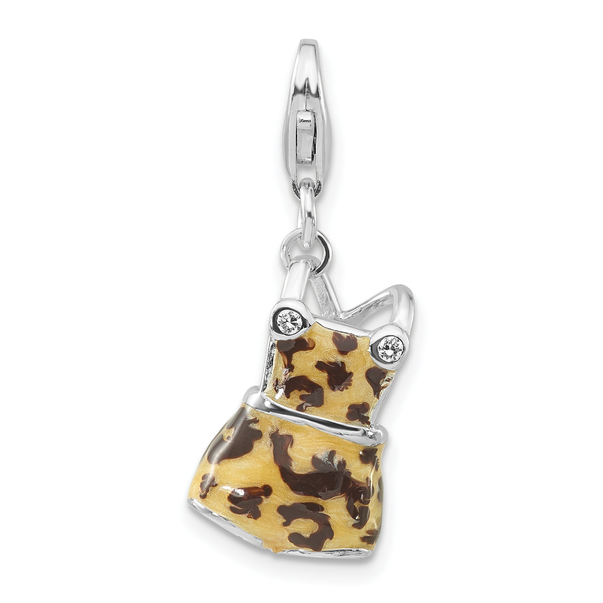 Sterling Silver Polished 3-D CZ Black & Tan Enameled Overalls w/Lobster Clasp Charm