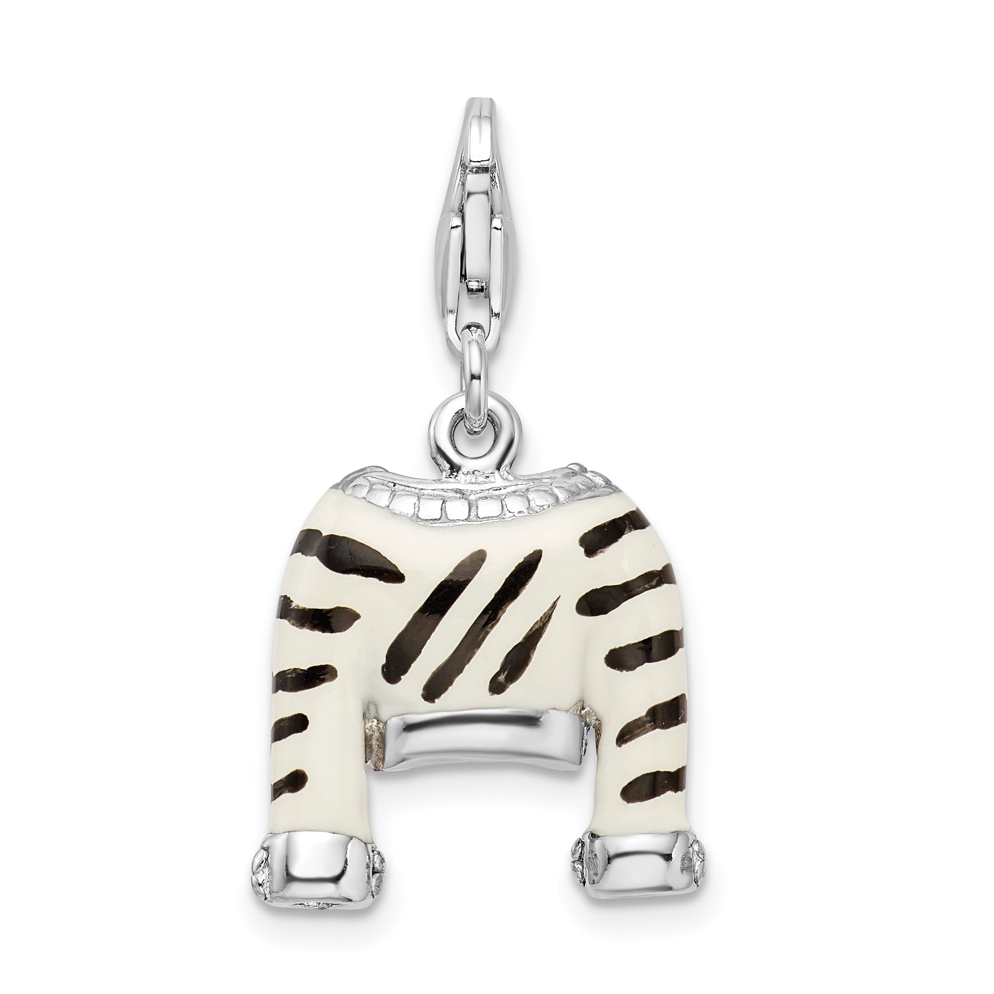 Amore La Vita Sterling Silver Rhodium-plated Polished 3-D CZ Enameled Zebra Jacket Charm with Fancy Lobster Clasp