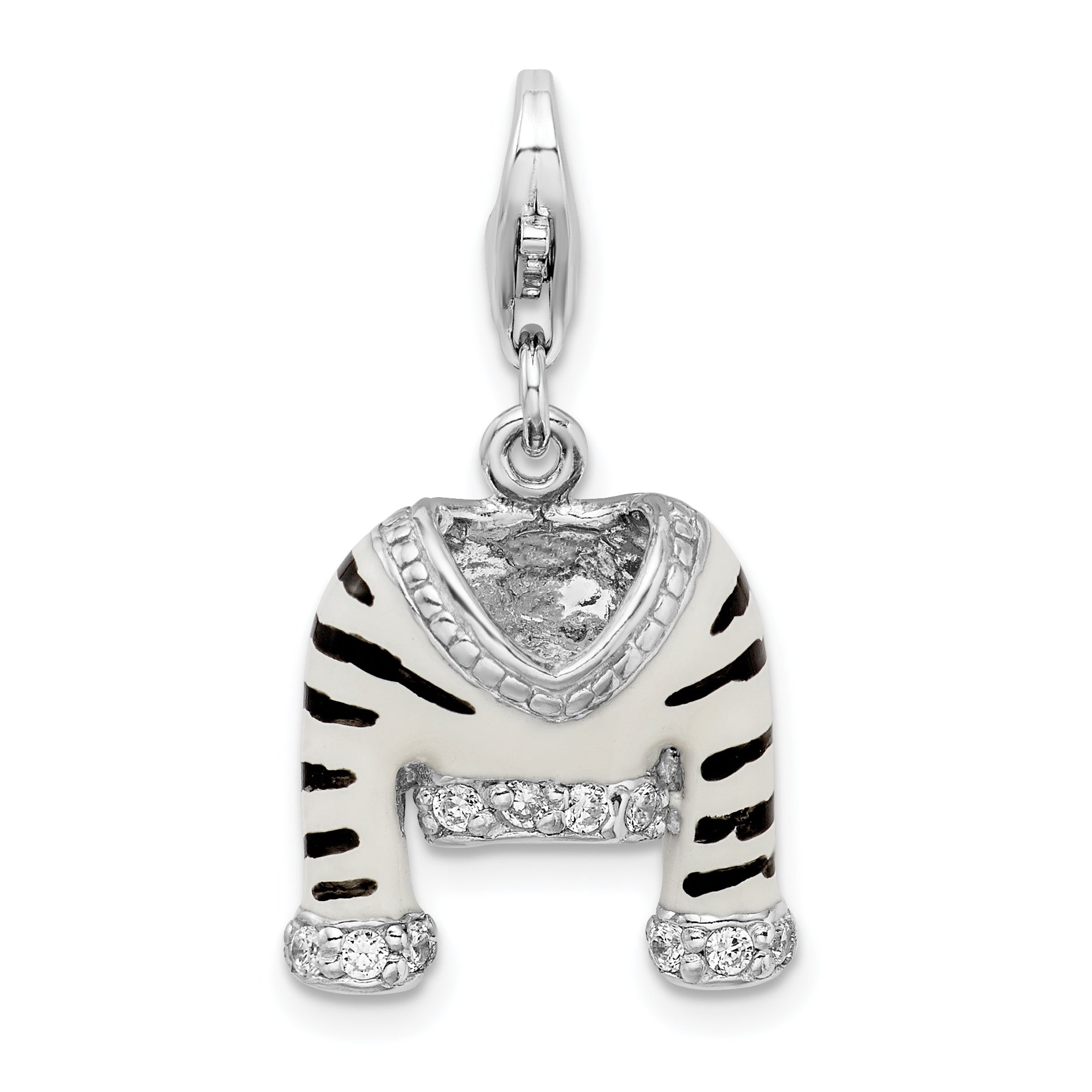 Amore La Vita Sterling Silver Rhodium-plated Polished 3-D CZ Enameled Zebra Jacket Charm with Fancy Lobster Clasp