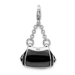 Amore La Vita Sterling Silver Rhodium-plated Polished 3-D Black Enameled Handbag Charm with Fancy Lobster Clasp