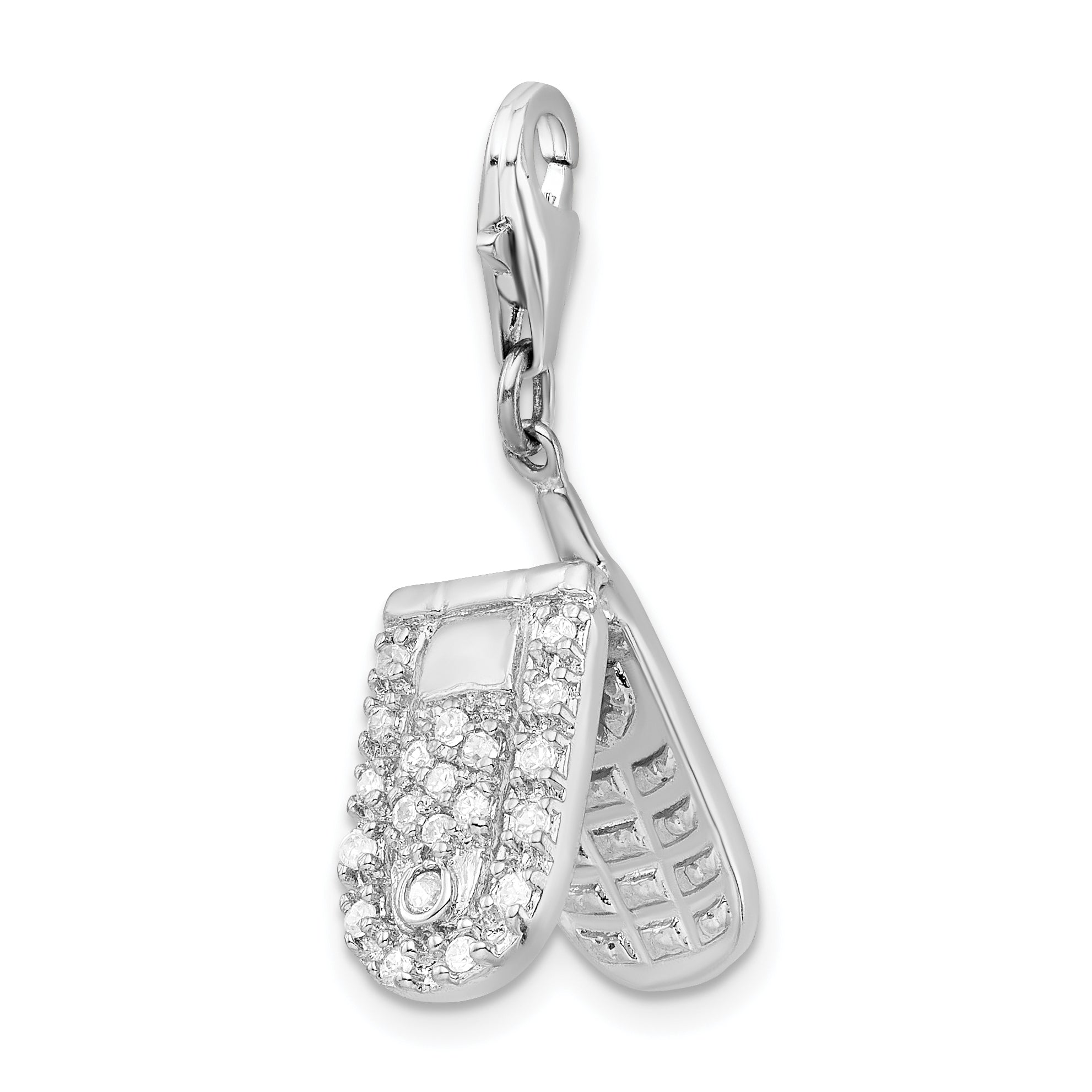 Amore La Vita Sterling Silver Rhodium-plated Polished 3-D Moveable CZ Flip Cell Phone Charm with Fancy Lobster Clasp