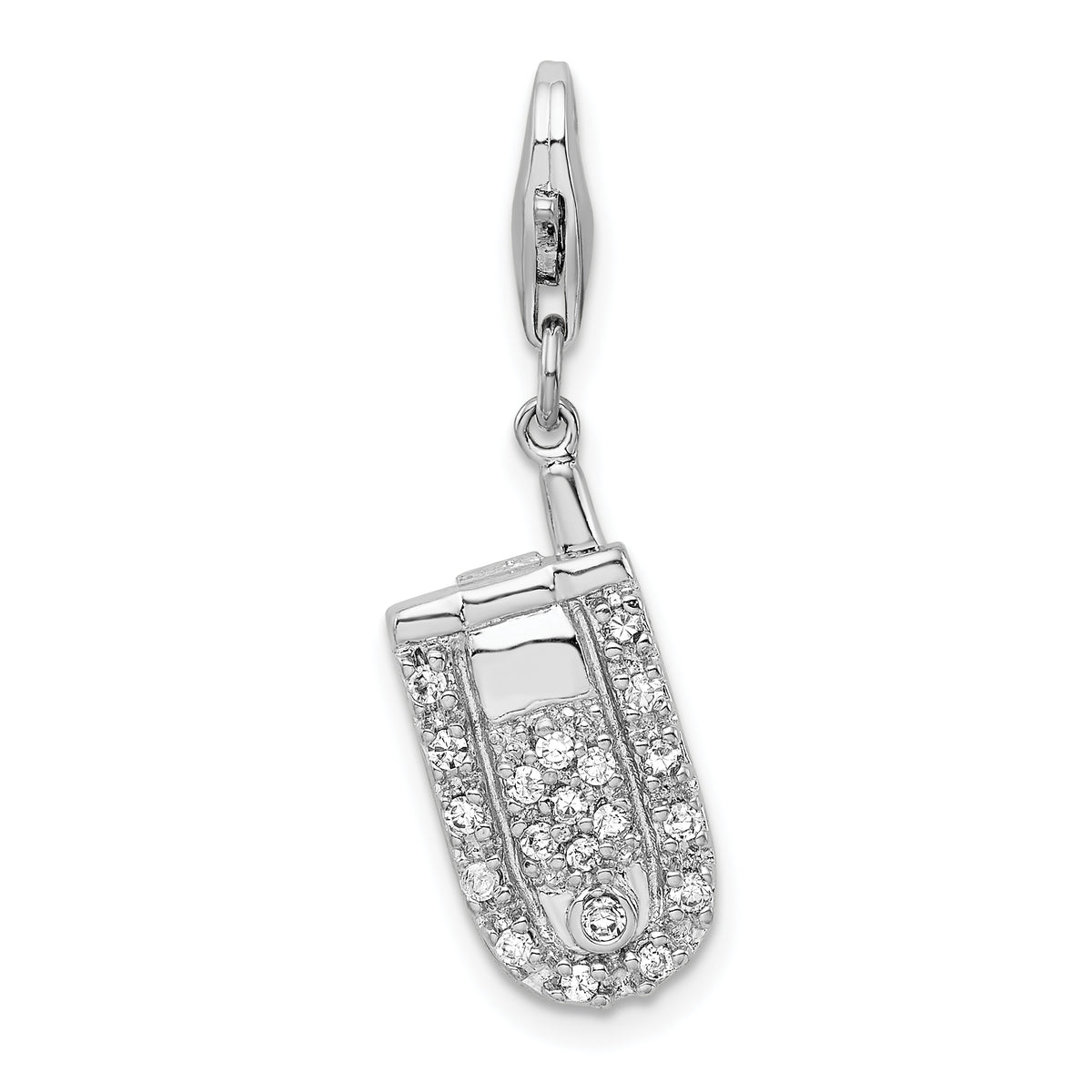 Amore La Vita Sterling Silver Rhodium-plated Polished 3-D Moveable CZ Flip Cell Phone Charm with Fancy Lobster Clasp