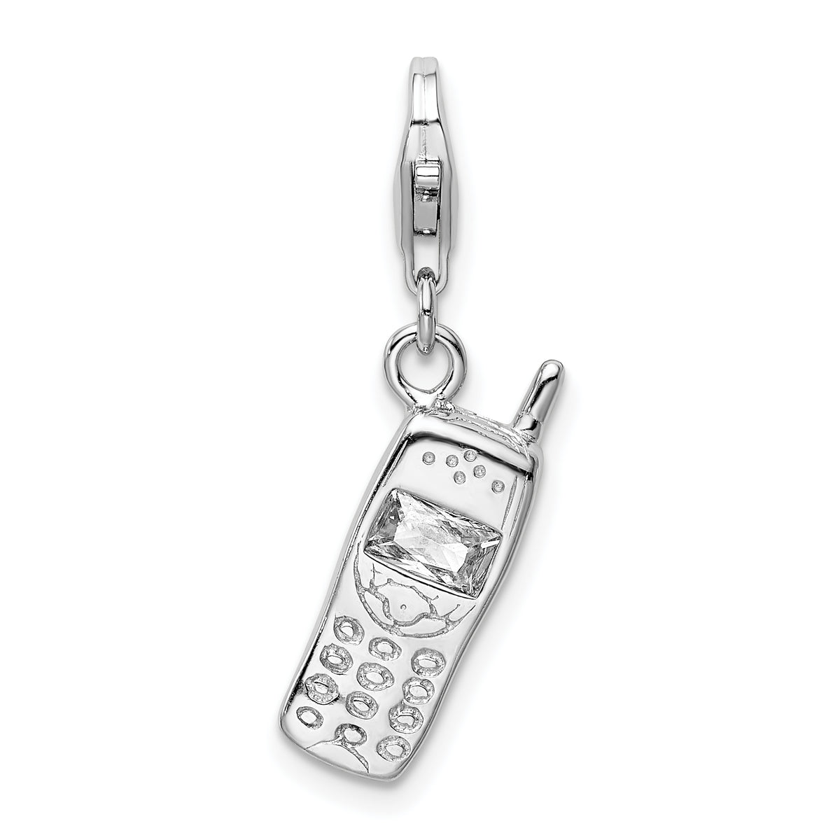 Amore La Vita Sterling Silver Rhodium-plated Polished CZ Cell Phone Charm with Fancy Lobster Clasp