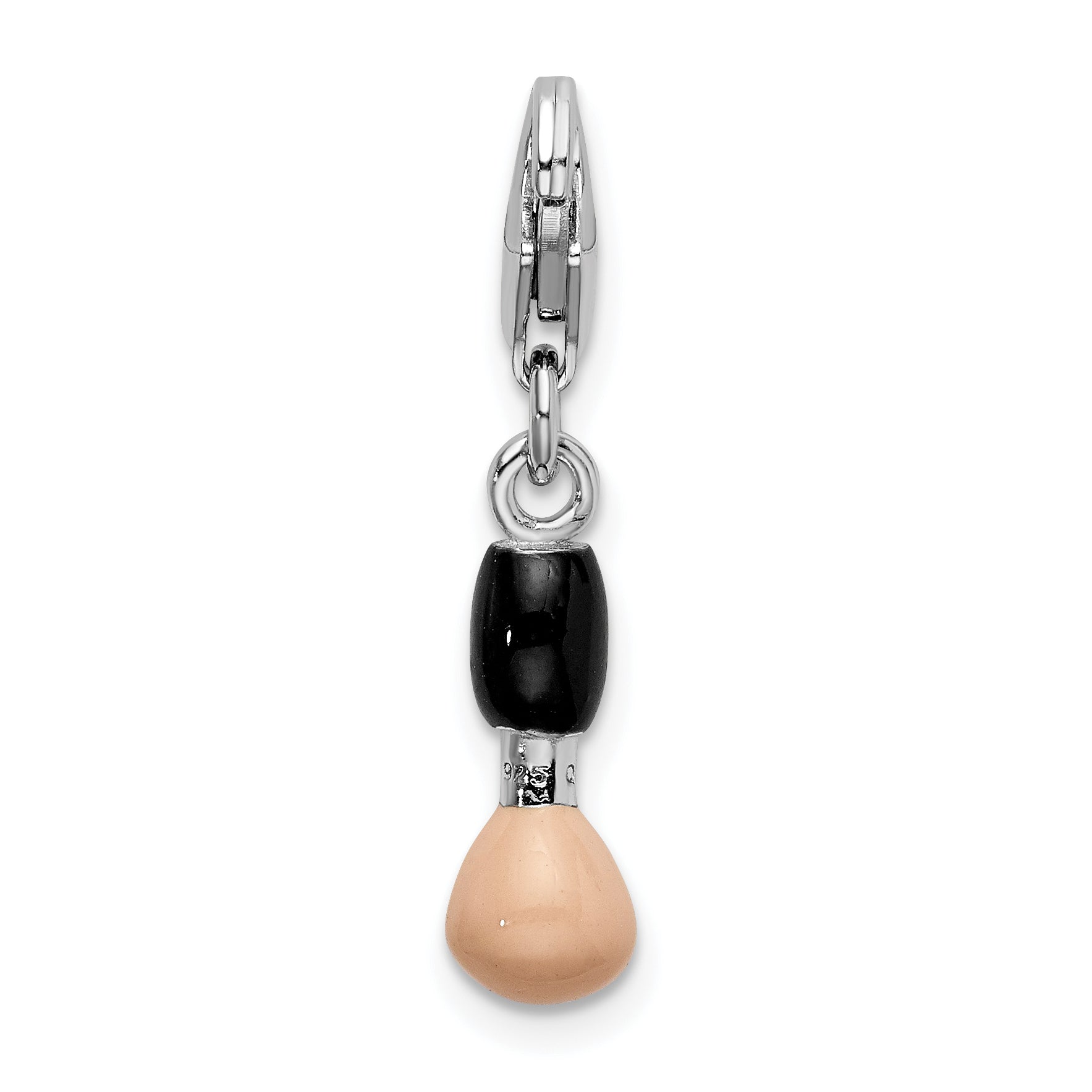 Amore La Vita Sterling Silver Rhodium-plated Polished 3-D Black and Pink Enameled Blush Brush Charm with Fancy Lobster Clasp