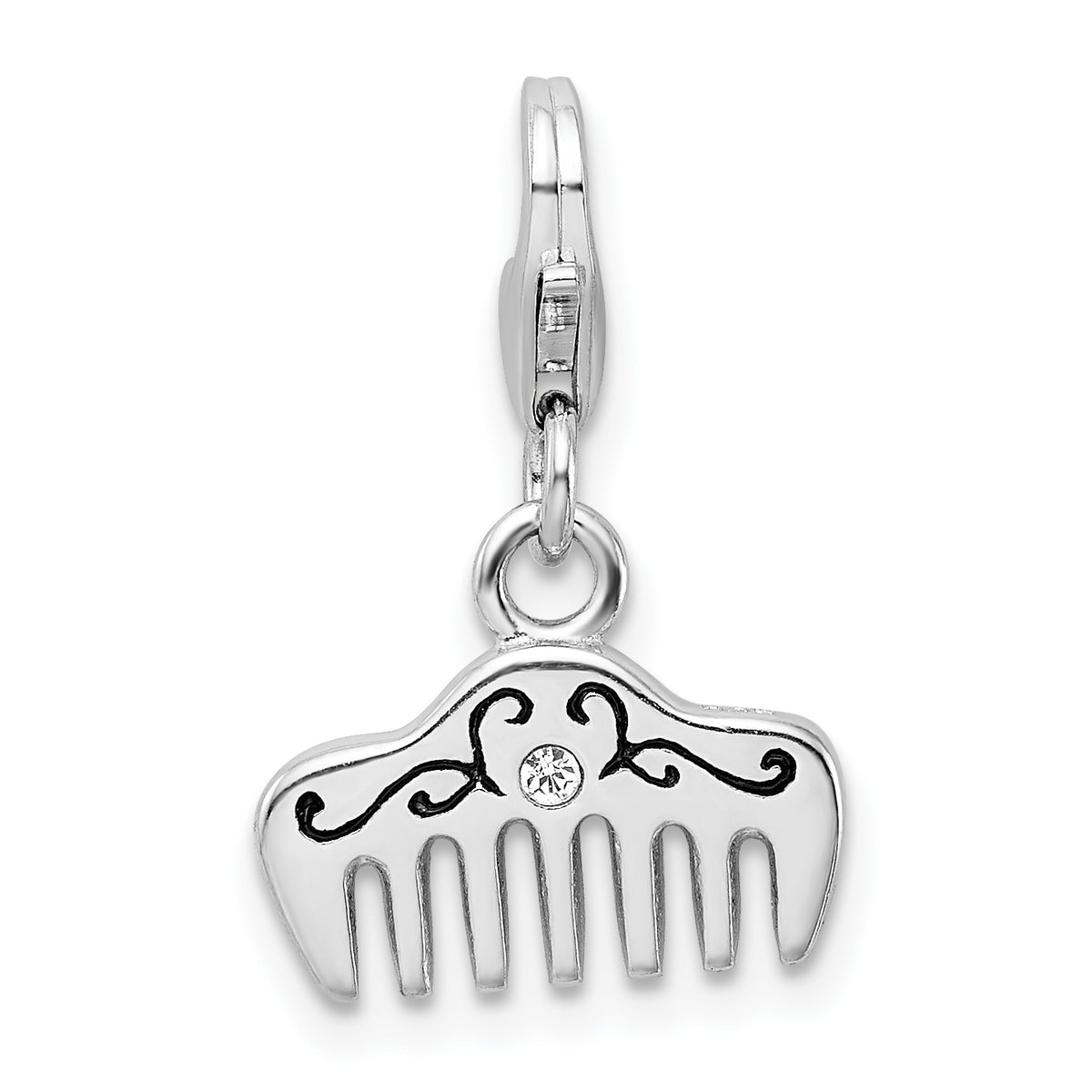 Amore La Vita Sterling Silver Rhodium-plated Polished 3-D Crystal From Swarovski and Enameled Comb Charm with Fancy Lobster Clasp