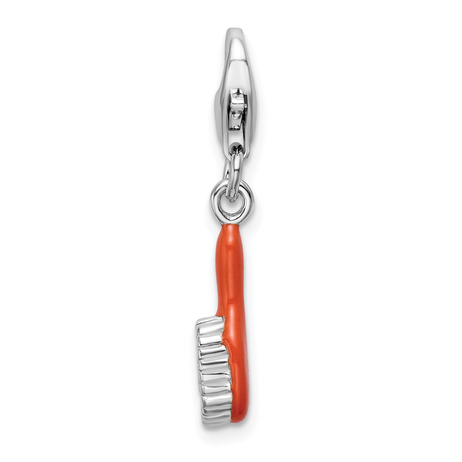 Amore La Vita Sterling Silver Rhodium-plated Polished 3-D Orange Enameled Hair Brush Charm with Fancy Lobster Clasp