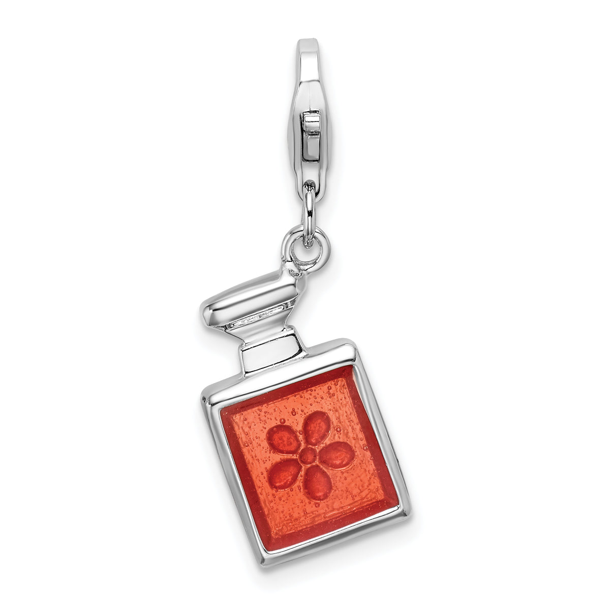 Amore La Vita Sterling Silver Rhodium-plated Polished 3-D Orange Enameled Perfume Bottle Charm with Fancy Lobster Clasp