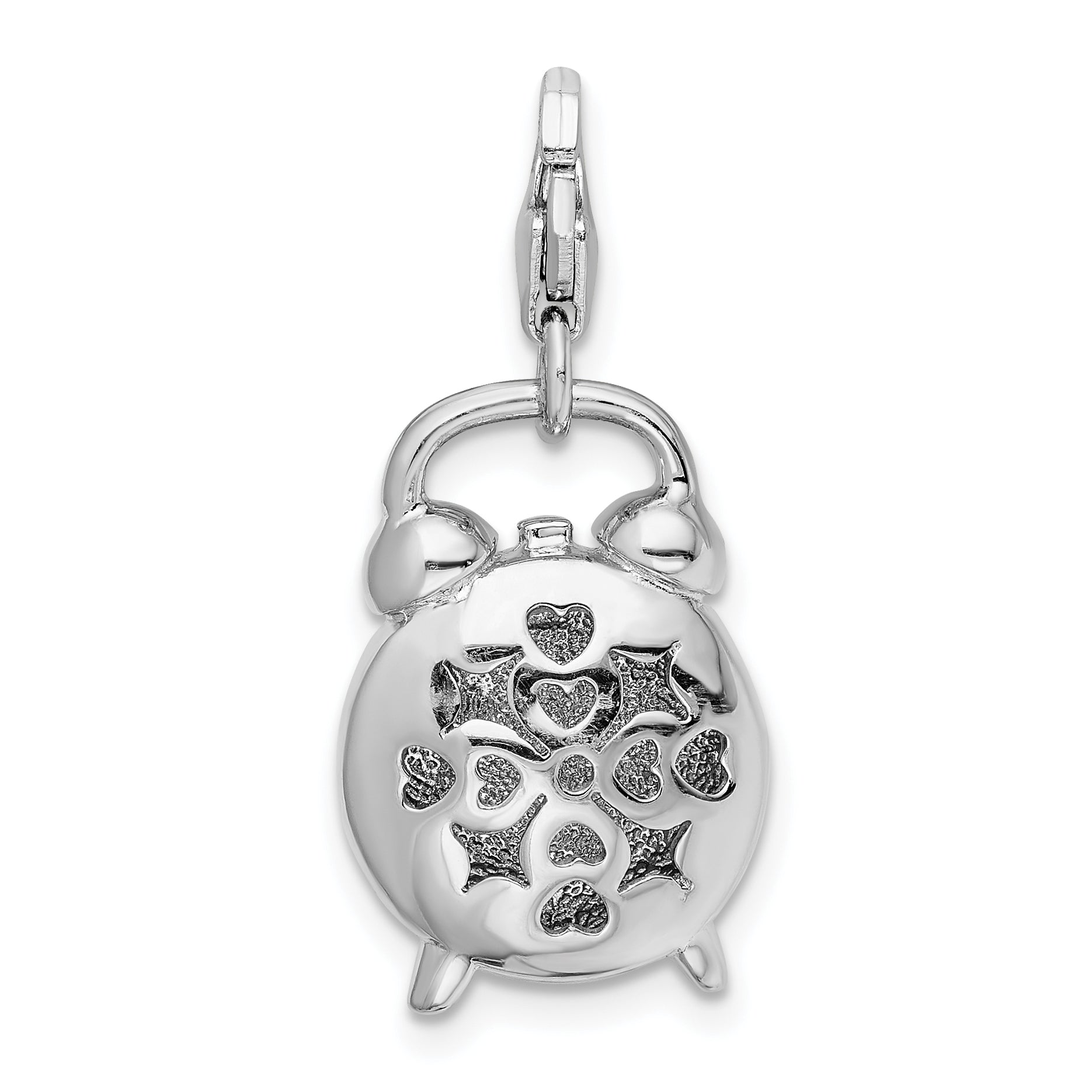 Amore La Vita Sterling Silver Rhodium-plated Polished 3-D Alarm Clock Charm with Fancy Lobster Clasp