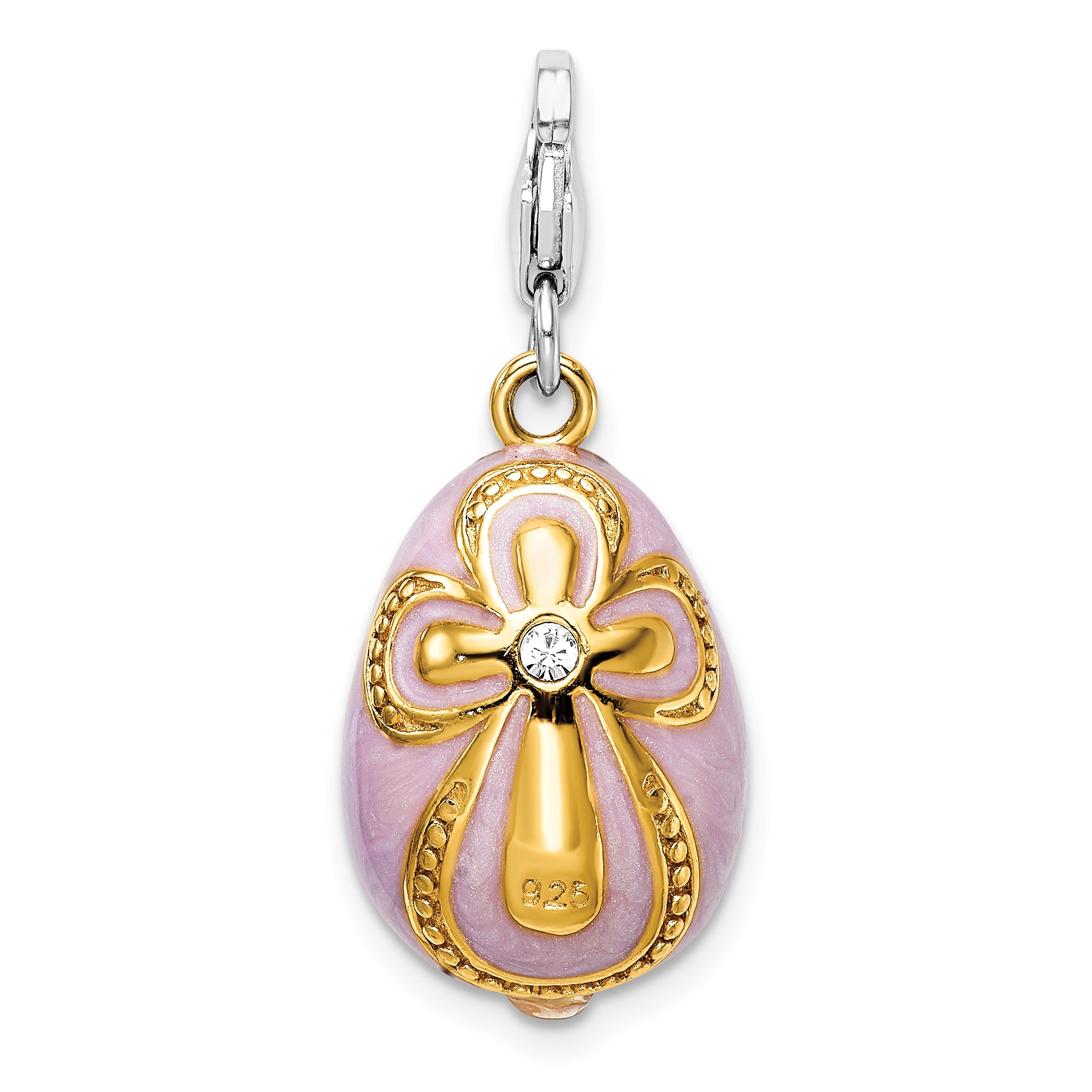 Amore La Vita Sterling Silver Rhodium-plated and Gold-plated Polished 3-D Crystal From Swarovski Enameled Pink Egg with Cross Charm with Fancy Lobster Clasp