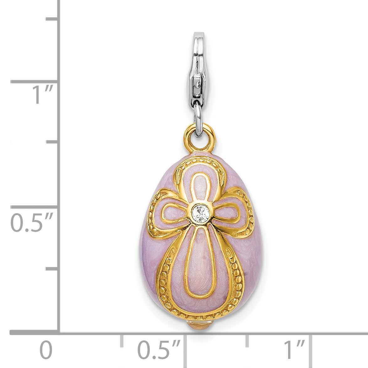 Amore La Vita Sterling Silver Rhodium-plated and Gold-plated Polished 3-D Crystal From Swarovski Enameled Pink Egg with Cross Charm with Fancy Lobster Clasp