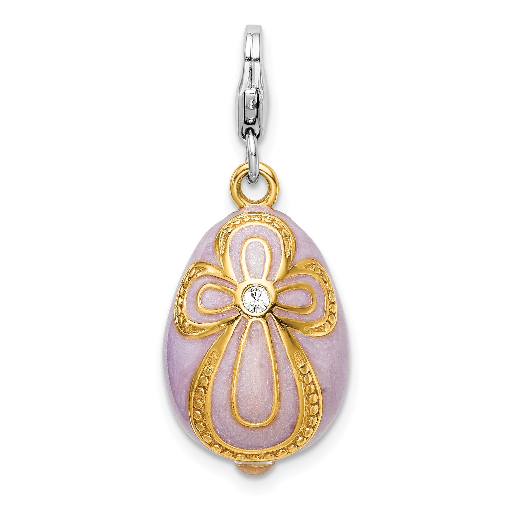 Amore La Vita Sterling Silver Rhodium-plated and Gold-plated Polished 3-D Crystal From Swarovski Enameled Pink Egg with Cross Charm with Fancy Lobster Clasp