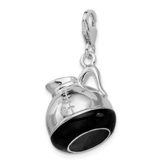 Amore La Vita Sterling Silver Rhodium-plated Polished 3-D Enameled Coffee Pot Charm with Fancy Lobster Clasp