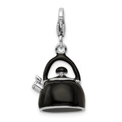 Amore La Vita Sterling Silver Rhodium-plated Polished 3-D Enameled Black Tea Kettle Charm with Fancy Lobster Clasp