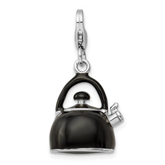 Amore La Vita Sterling Silver Rhodium-plated Polished 3-D Enameled Black Tea Kettle Charm with Fancy Lobster Clasp