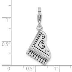 Amore La Vita Sterling Silver Rhodium-plated Polished 3-D Enameled Grand Piano with Heart Scroll Charm with Fancy Lobster Clasp