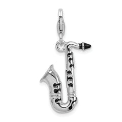 Amore La Vita Sterling Silver Rhodium-plated Polished 3-D Enameled Saxophone Charm with Fancy Lobster Clasp