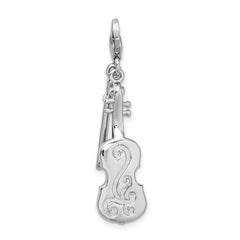 Amore La Vita Sterling Silver Rhodium-plated Polished 3-D Violin with Antiqued Bow Charm with Fancy Lobster Clasp