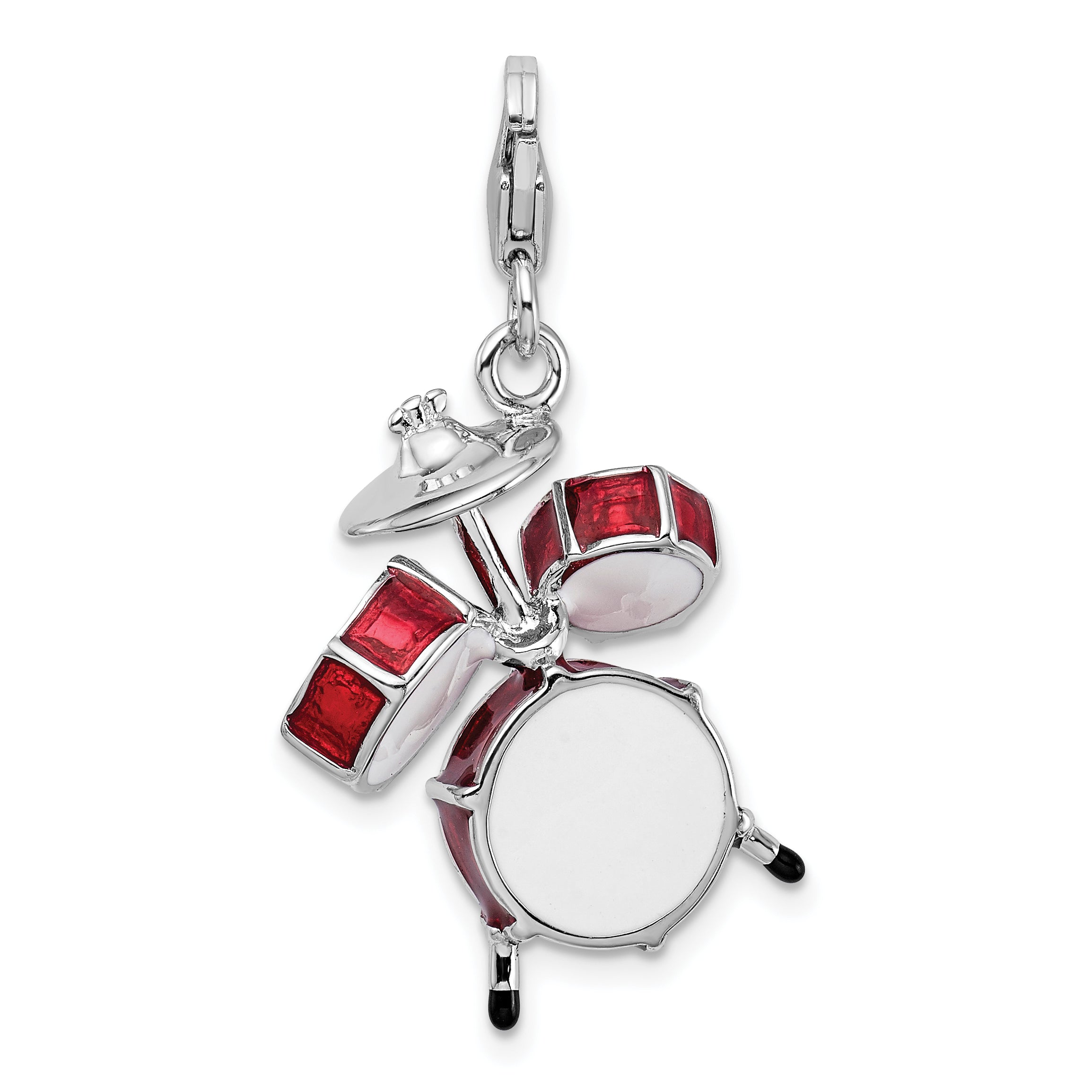 Amore La Vita Sterling Silver Rhodium-plated Polished 3-D Enameled Drum Set Charm with Fancy Lobster Clasp