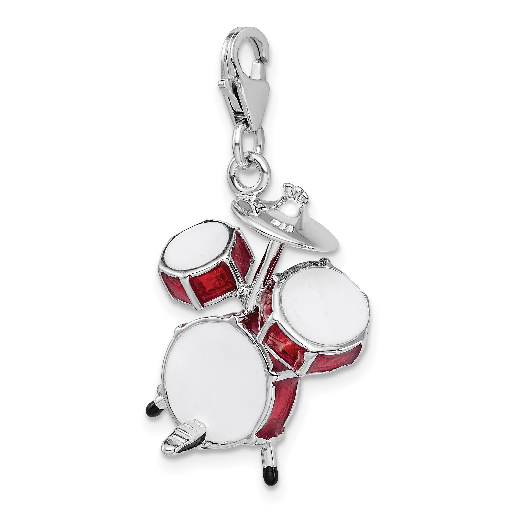 Amore La Vita Sterling Silver Rhodium-plated Polished 3-D Enameled Drum Set Charm with Fancy Lobster Clasp