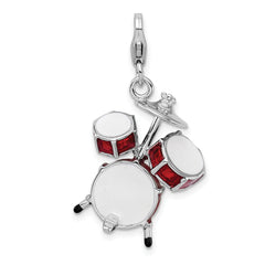 Amore La Vita Sterling Silver Rhodium-plated Polished 3-D Enameled Drum Set Charm with Fancy Lobster Clasp