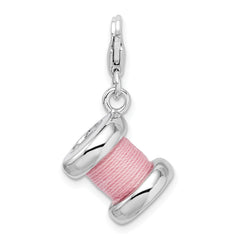 Amore La Vita Sterling Silver Rhodium-plated Polished 3-D Enameled Pink Spool of Thread Charm with Fancy Lobster Clasp