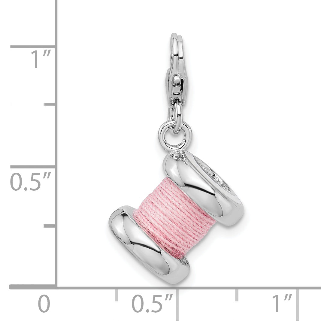 Amore La Vita Sterling Silver Rhodium-plated Polished 3-D Enameled Pink Spool of Thread Charm with Fancy Lobster Clasp