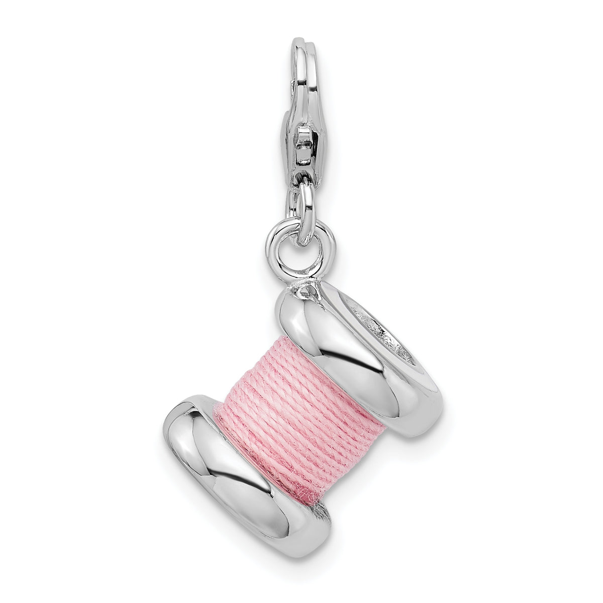 Amore La Vita Sterling Silver Rhodium-plated Polished 3-D Enameled Pink Spool of Thread Charm with Fancy Lobster Clasp