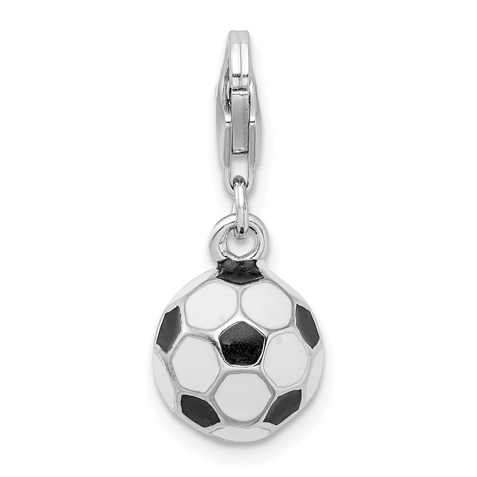 Amore La Vita Sterling Silver Rhodium-plated Polished 3-D Enameled Small Soccer Ball Charm with Fancy Lobster Clasp