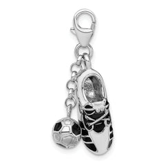 Amore La Vita Sterling Silver Rhodium-plated Polished 3-D Moveable Enameled Soccer Shoe and Ball Charm with Fancy Lobster Clasp