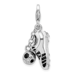 Amore La Vita Sterling Silver Rhodium-plated Polished 3-D Moveable Enameled Soccer Shoe and Ball Charm with Fancy Lobster Clasp