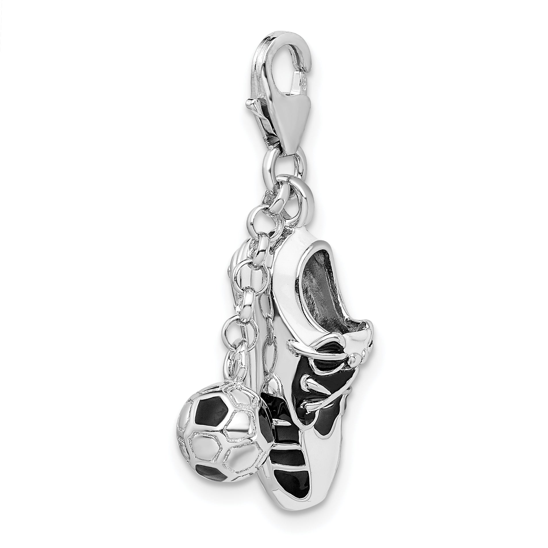 Amore La Vita Sterling Silver Rhodium-plated Polished 3-D Moveable Enameled Soccer Shoe and Ball Charm with Fancy Lobster Clasp