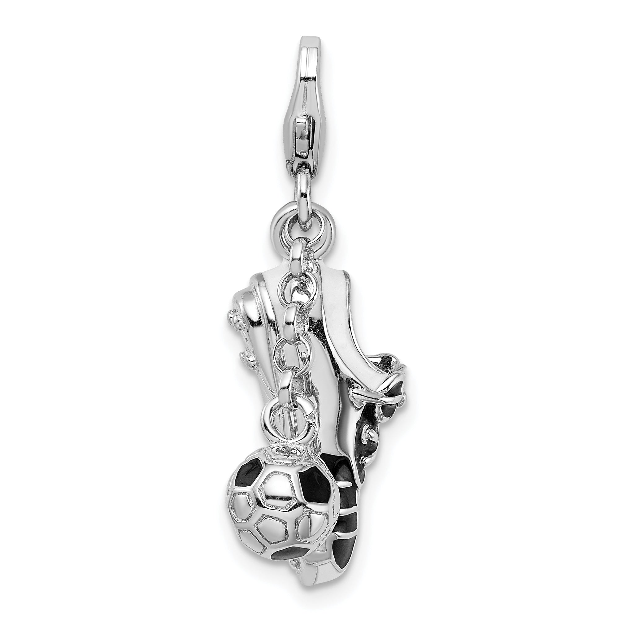 Amore La Vita Sterling Silver Rhodium-plated Polished 3-D Moveable Enameled Soccer Shoe and Ball Charm with Fancy Lobster Clasp