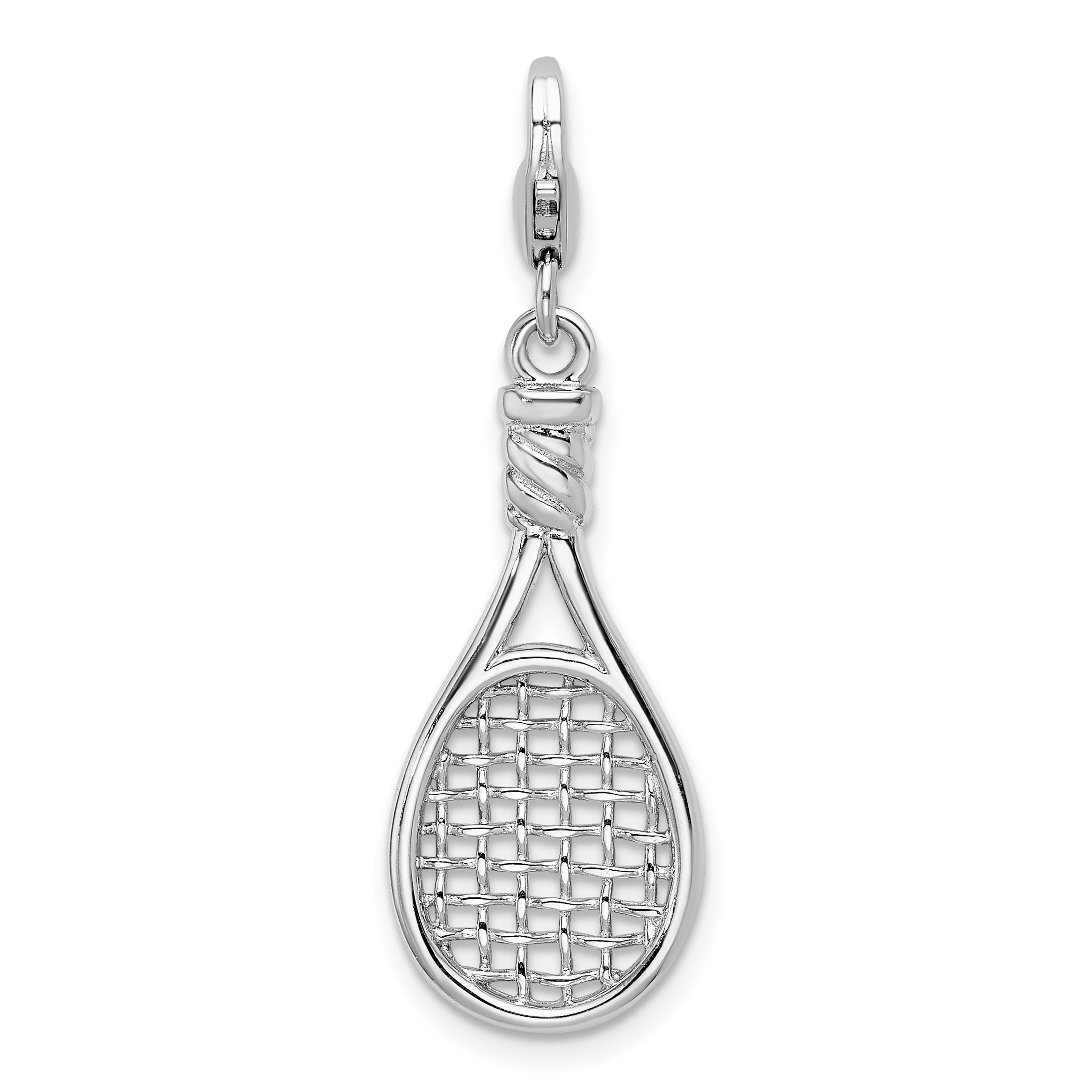 Amore La Vita Sterling Silver Rhodium-plated Polished 3-D Polished Tennis Racquet Charm with Fancy Lobster Clasp