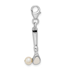 Amore La Vita Sterling Silver Rhodium-plated Polished 3-D Freshwater Cultured Pearl Golf Club Charm with Fancy Lobster Clasp