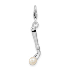 Amore La Vita Sterling Silver Rhodium-plated Polished 3-D Freshwater Cultured Pearl Golf Club Charm with Fancy Lobster Clasp