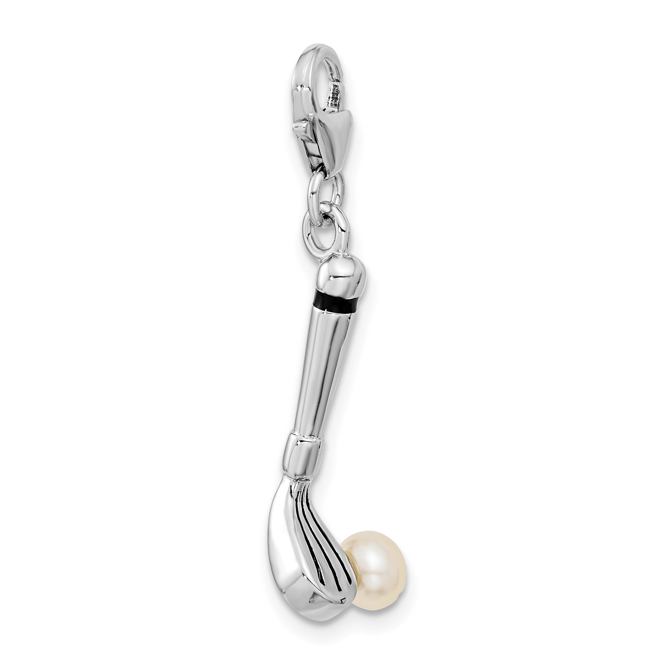 Amore La Vita Sterling Silver Rhodium-plated Polished 3-D Freshwater Cultured Pearl Golf Club Charm with Fancy Lobster Clasp