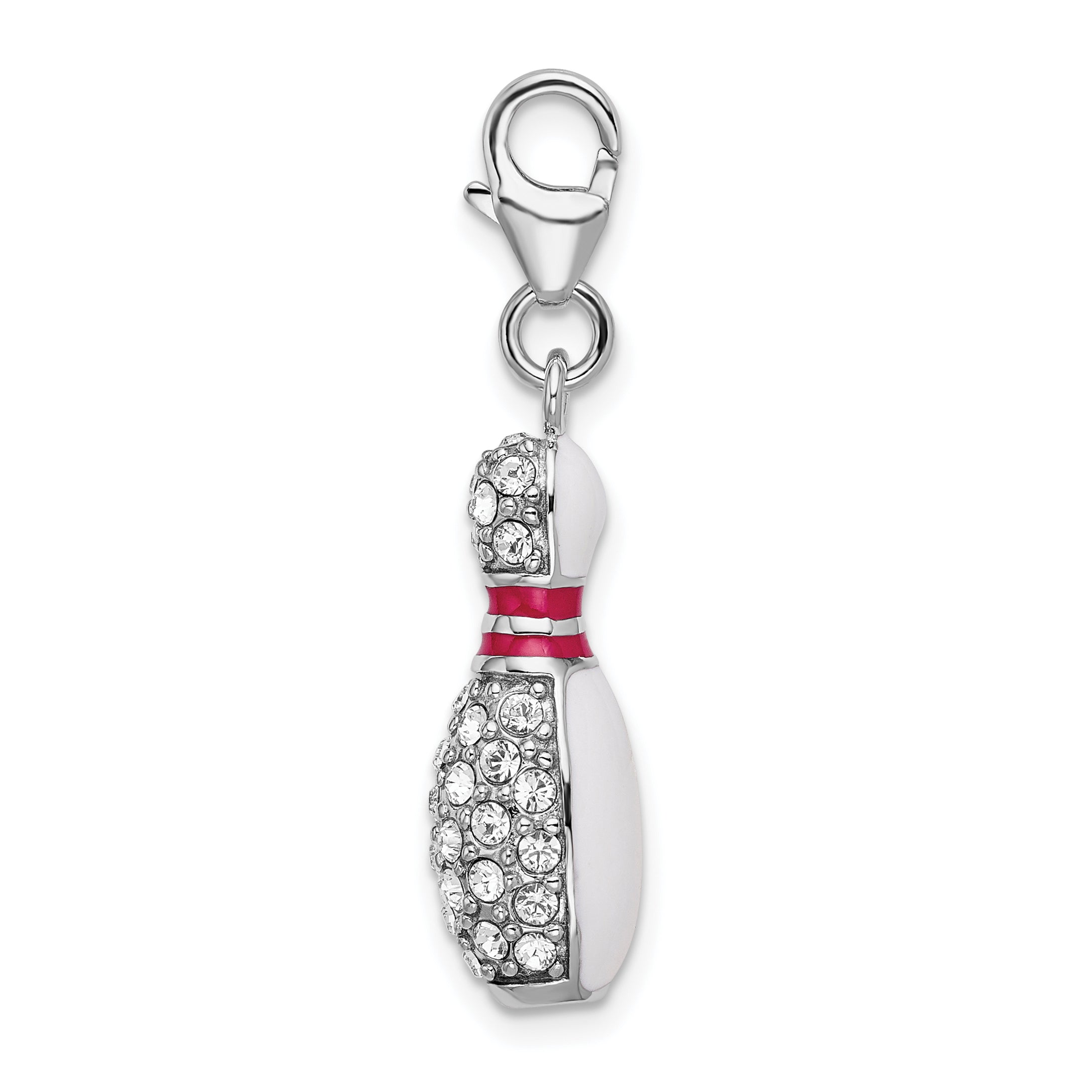 Amore La Vita Sterling Silver Rhodium-plated Polished 3-D Reversible Enameled Bowling Pin Charm with Fancy Lobster Clasp