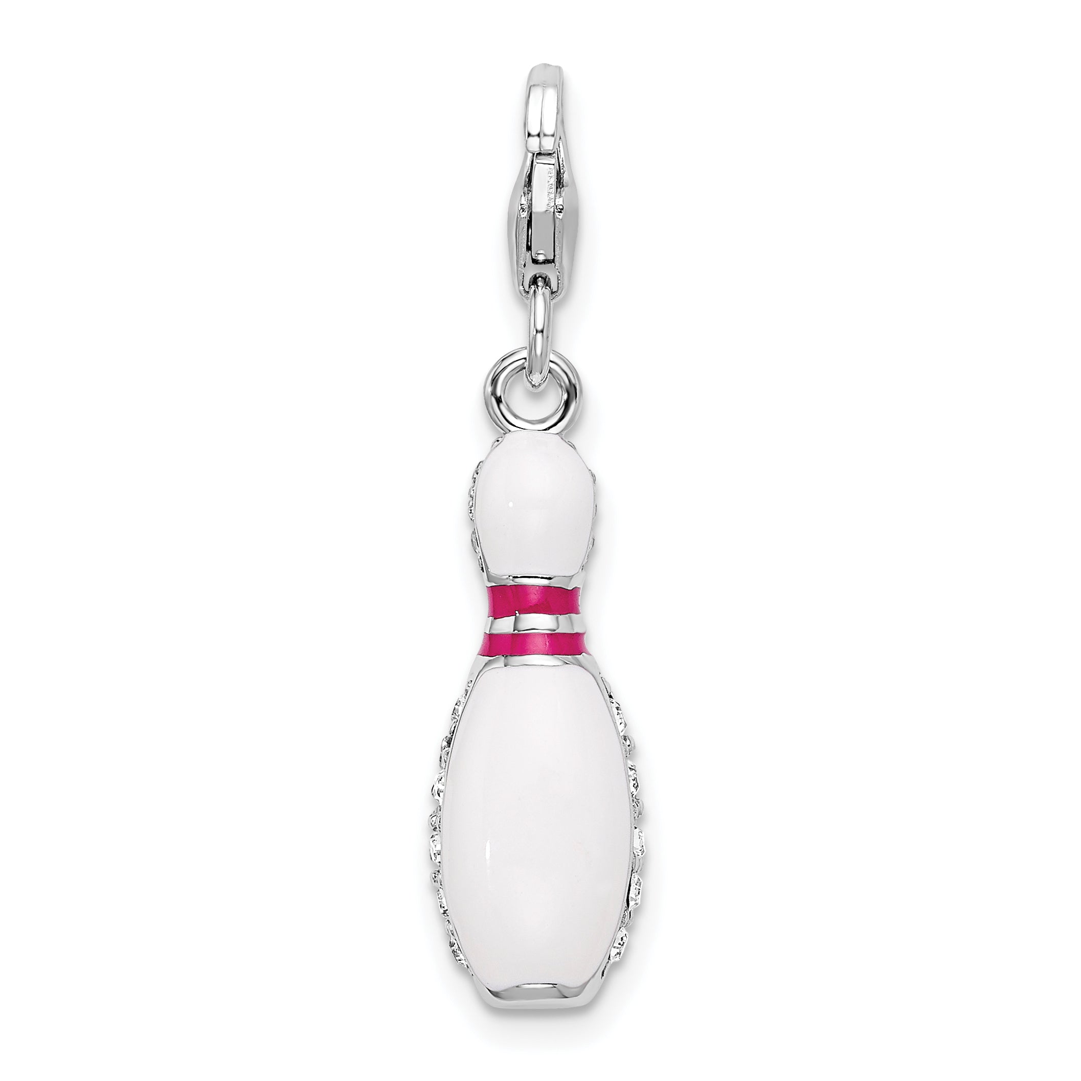 Amore La Vita Sterling Silver Rhodium-plated Polished 3-D Reversible Enameled Bowling Pin Charm with Fancy Lobster Clasp