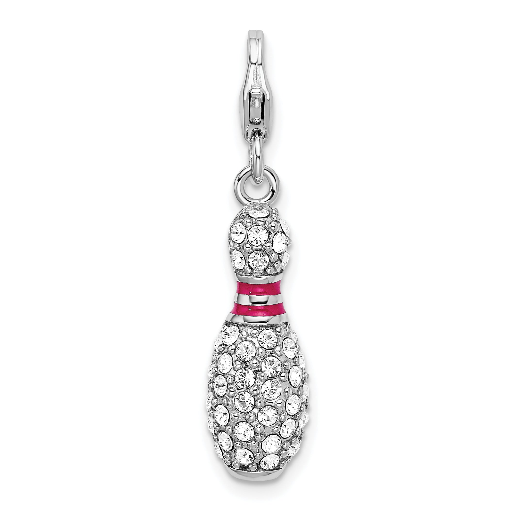 Amore La Vita Sterling Silver Rhodium-plated Polished 3-D Reversible Enameled Bowling Pin Charm with Fancy Lobster Clasp