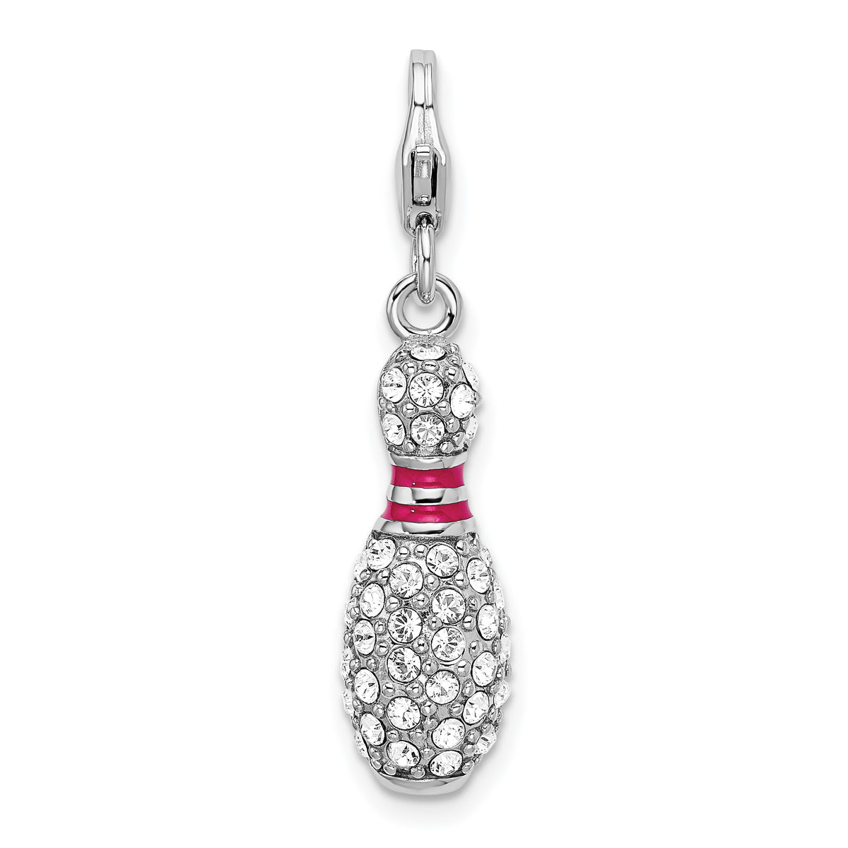 Amore La Vita Sterling Silver Rhodium-plated Polished 3-D Reversible Enameled Bowling Pin Charm with Fancy Lobster Clasp