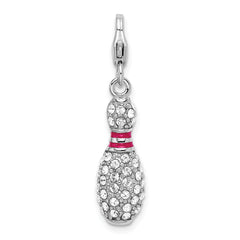 Amore La Vita Sterling Silver Rhodium-plated Polished 3-D Reversible Enameled Bowling Pin Charm with Fancy Lobster Clasp